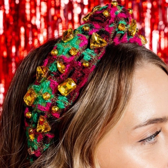 Brianna Cannon Tweed Headband Green Multi colored Crystals & Beads New - Picture 7 of 16